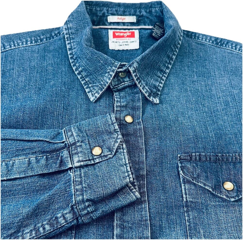 Wrangler Men's Western Pearl Snap Denim Shirt Blue Long Sleeve XL EUC JLD1SVN